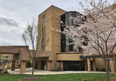 Exterior of VPFW Henrico Doctors' Hospital Location Tan building with dogwood trees in front