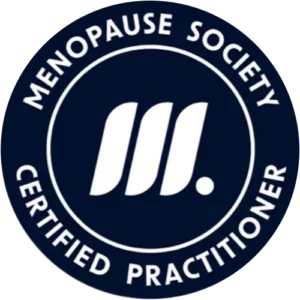 Menopause Society Certified Practitioner navy circular logo with white M in the middle