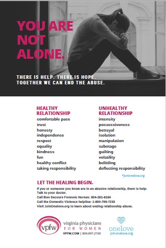 a poster with a female head in knees, words "you are not alone" and signs of healthy and unhealthy reltionships