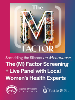 The (M) Factor Screening and Panel Event with a square M Factor logo and flowery background plus VPFW and Fettle & Fit logos.