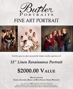 Butler Portraits Fine Art Portraits flyer showing family portraits and $2,000 value