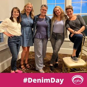 Dr. Kristen Lewis, Sarah Faulkner, Bridget Blakemore, Dr. Maria Schleicher, Dr. Leslie Davis smiling and wearing denim on Denim Day