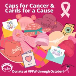 Caps for Cancer and Cards for a Cause Illustration of pink hats, scarves, and greeting cards