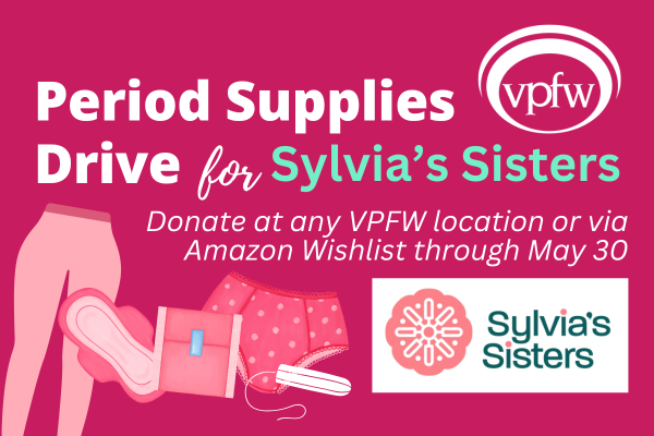 Period Supplies Drive for Sylvia's Sisters with image of leggings, pad, liner, underwear and tampon