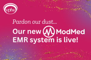 Pardon our dust...Our new ModMed EMR system is live! on pink and purple background with gold dust.