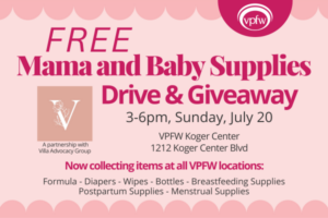 Pink Mama and Baby Supplies Drive logo with scallop border that says 3-6pm Sunday, July 20 at VPFW Koger Center, 1212 Koger Center Blvd