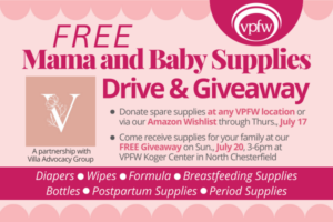 Pink Mama and Baby Supplies Drive logo with scallop border that says Donate spare supplies through Thurs, July 17, Free Giveaway July 20 at VPFW Koger Center
