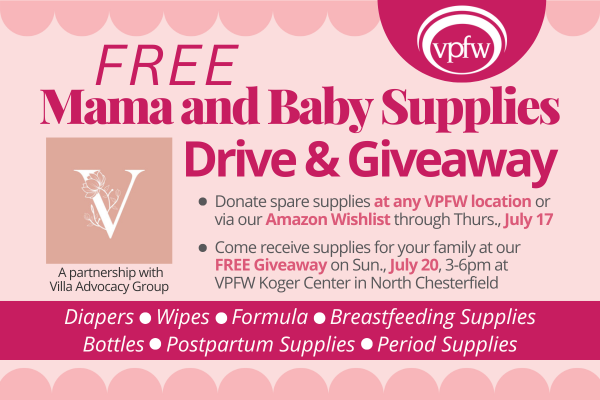 Pink Mama and Baby Supplies Drive logo with scallop border that says Donate spare supplies through Thurs, July 17, Free Giveaway July 20 at VPFW Koger Center
