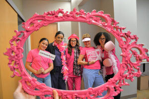 VPFW doctors and nurses wearing pink boas, hats, scarves and boxing gloves and breast cancer awareness signs, viewed through a pink ornate frame.