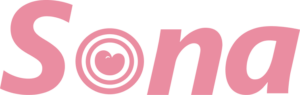 light pink Sona logo. The letter "o" looks like a sonagram with a baby in the middle.
