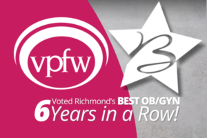 VPFW oval logo and Best star logo that says voted Richmond's best obgyn 6 years in a row